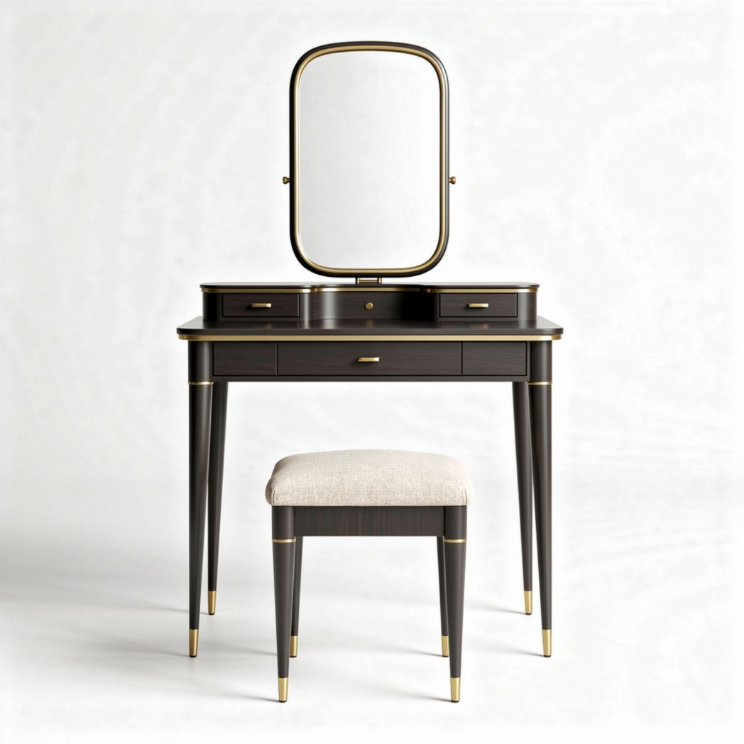 Coiffeuse en bois finition noir avec miroir et tabouret en tissu beige 110 x 45 x 140cm