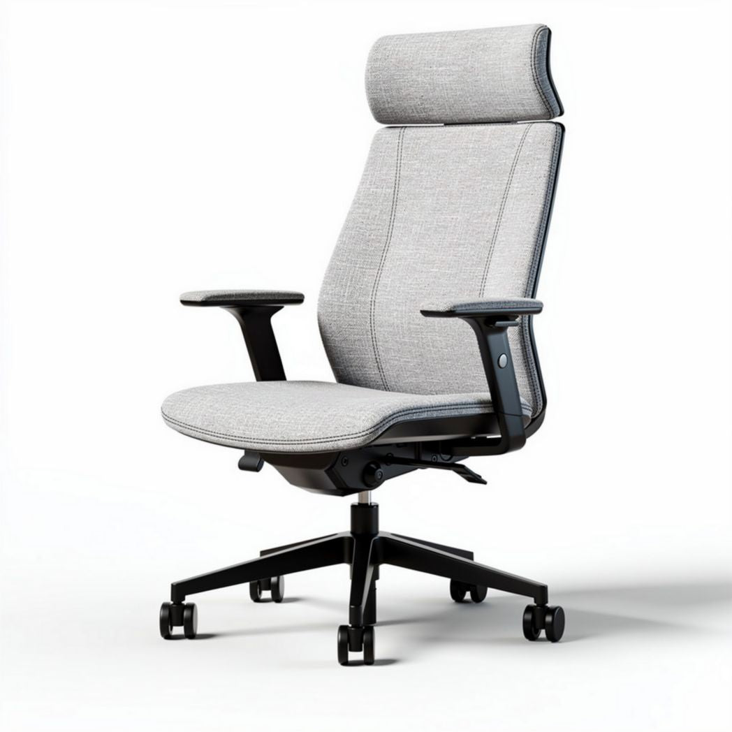 Chaise de bureau ergonomique en tissu gris avec accoudoirs et réglage de hauteur