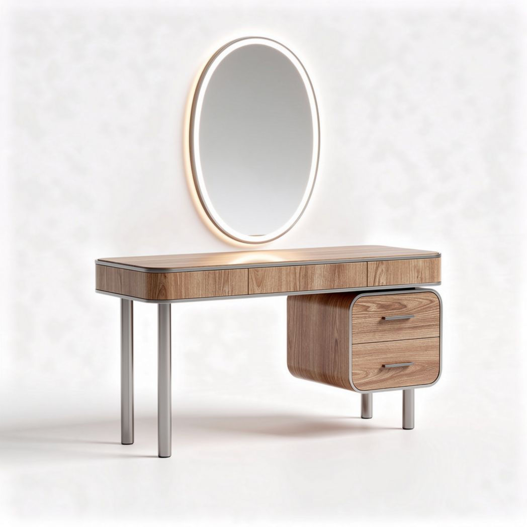 Coiffeuse en bois avec miroir rond et tiroir intégrée 120 x 50 x 75cm