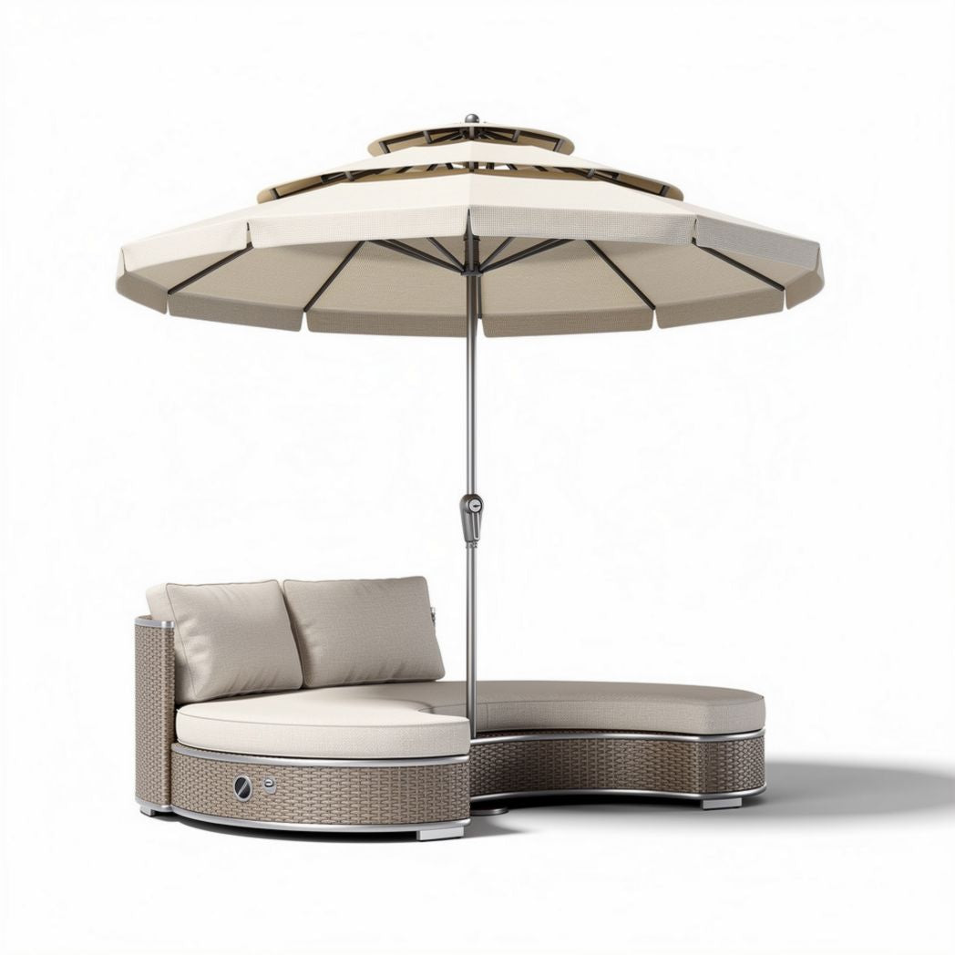 Parasol déporté en tissu beige avec pied en aluminium et dimensions 250 x 250 x 250cm