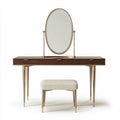 Coiffeuse en bois foncé avec miroir ovale et tabouret rembourré 120 x 50 x 75cm