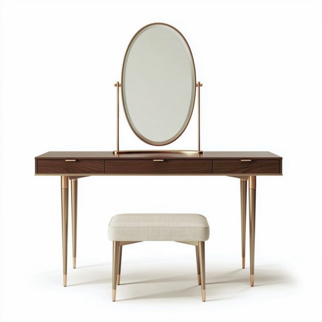 Coiffeuse en bois foncé avec miroir ovale et tabouret rembourré 120 x 50 x 75cm